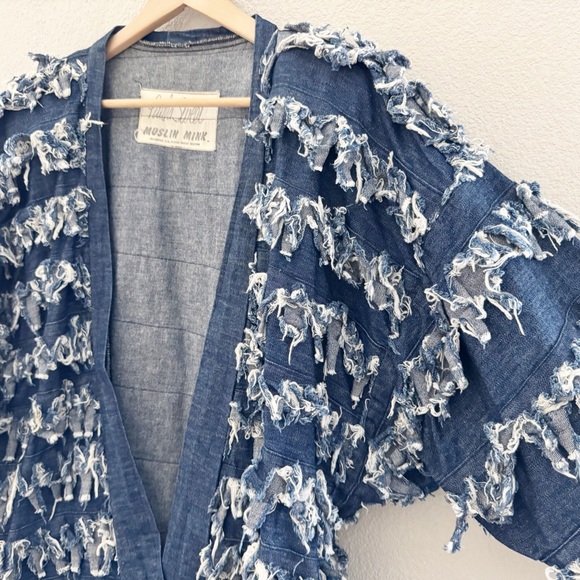 Vintage 80s Paula Sweet Muslin Mink Fringe Denim Jacket Large Blue USA Lagenlook - Picture 8 of 12